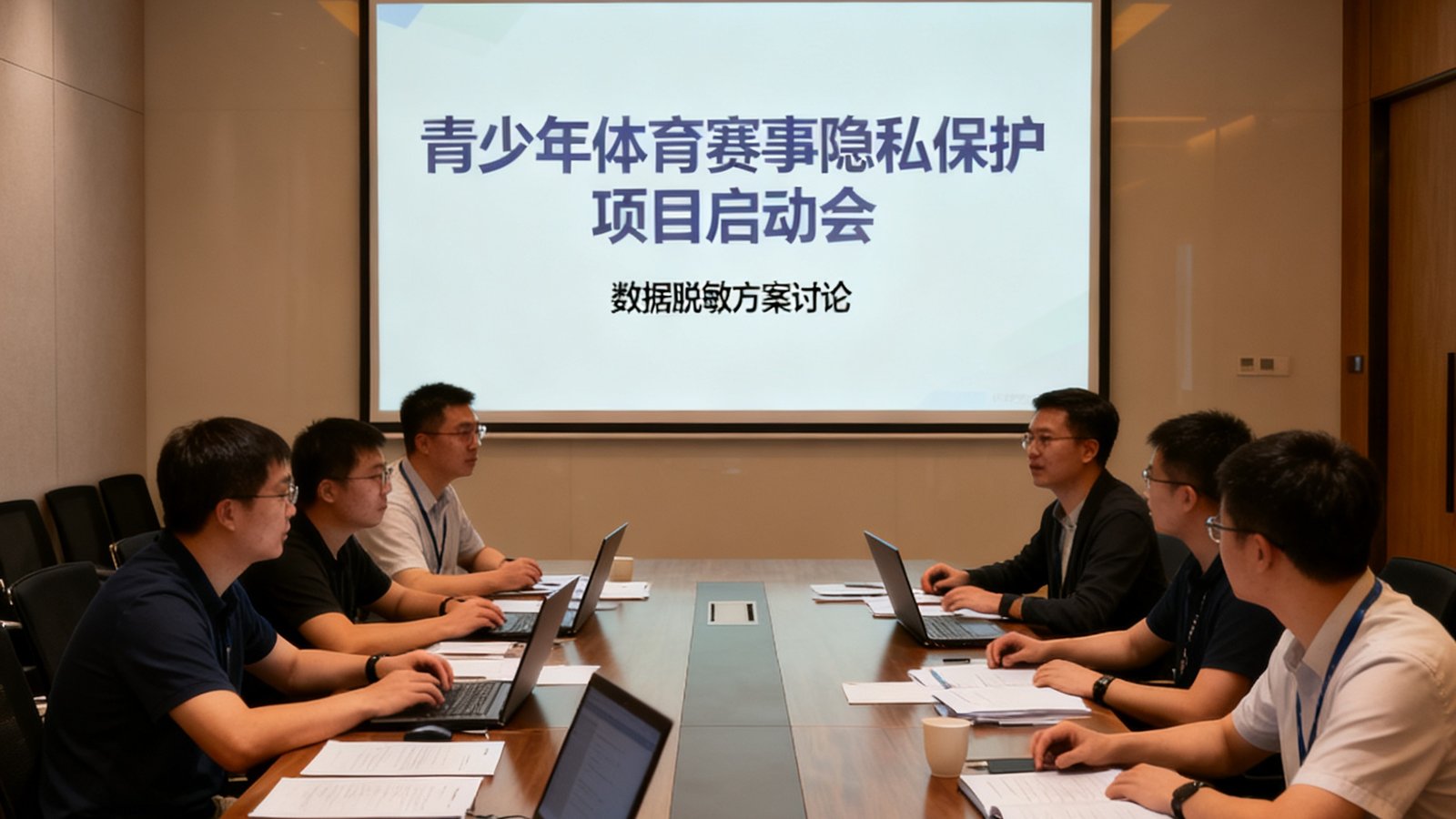 青少年体育赛事隐私保护项目启动会，团队成员讨论数据脱敏方案